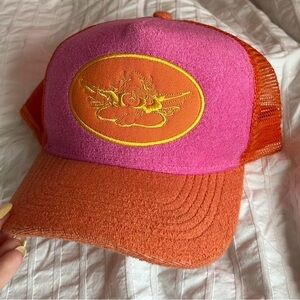 Boys Lie Pink and Orange Terry Trucker Hat with Yellow Logo